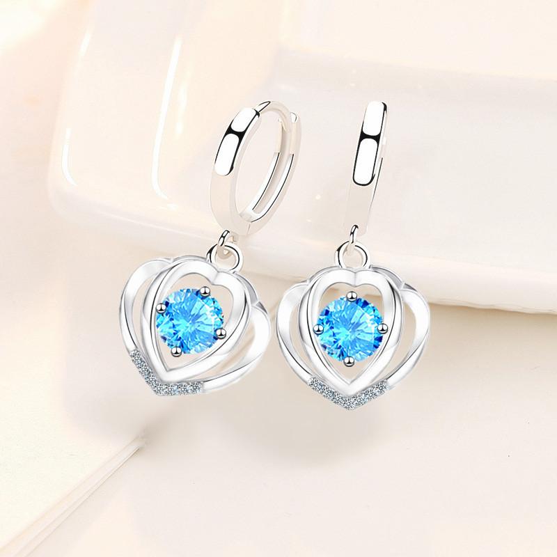 925 silver new women's fashion jewelry high quality blue pink crystal zircon simple heart-shaped earrings