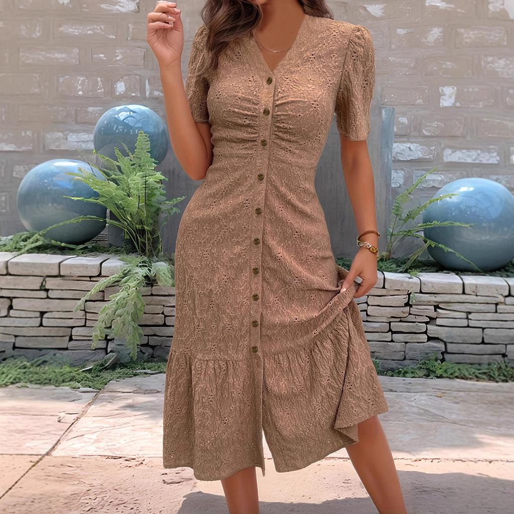 A Solid-color Fashionable Dress with A Baby Collar and Short Sleeves for Women In Summer