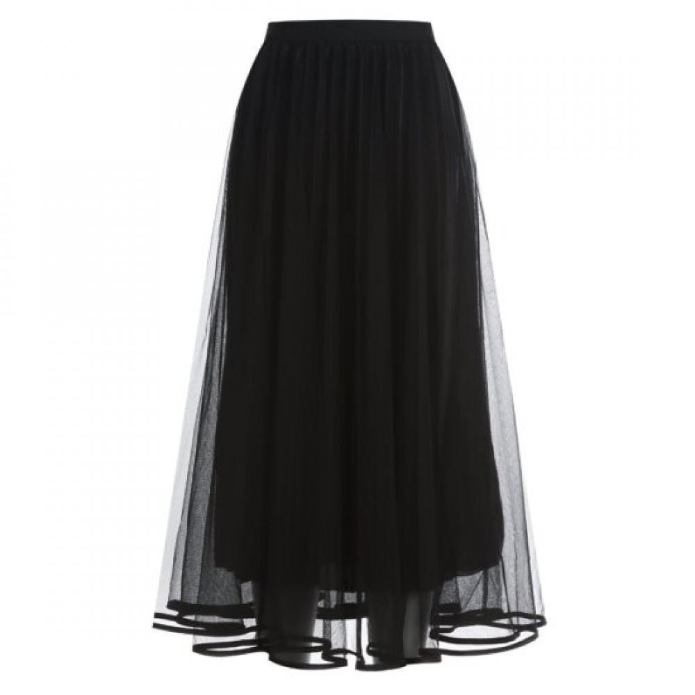 Shop Women Waist Banding Lace Mesh Long Pleated Skirt Black Th U Wsk 20277