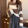 Imitation mink splicing striped contrasting color knitted sweater women's clothing autumn new soft waxy design sense retro loose sweater women
