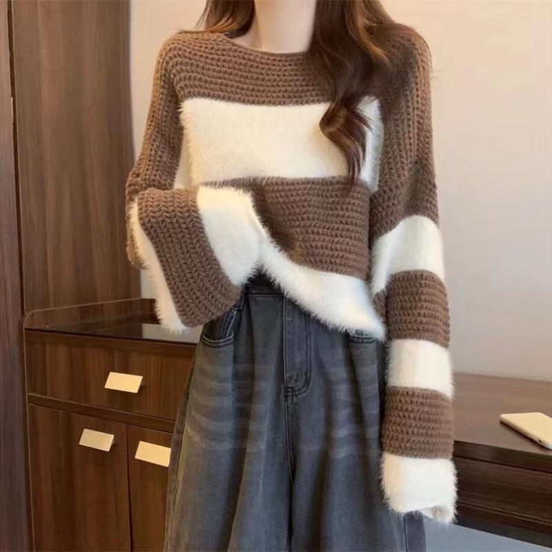 Imitation mink splicing striped contrasting color knitted sweater women's clothing autumn new soft waxy design sense retro loose sweater women