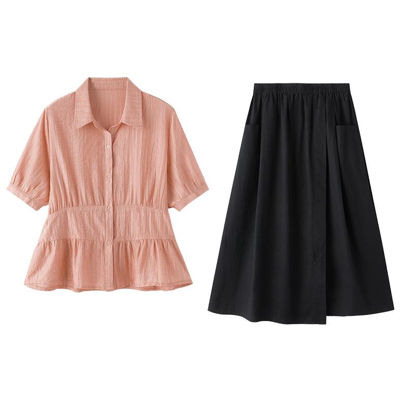 Trendy Summer Skirt Suit: Slimming Two-Piece with Stylish Half-Open Collar for Young Moms