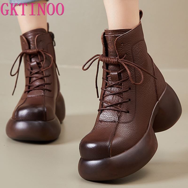 Fashion GKTINOO Women Genuine Leather Thick High Heel Ankle Boots Genuine Leather Handmade Retro Platform Thick Plush Warm Casual Boots