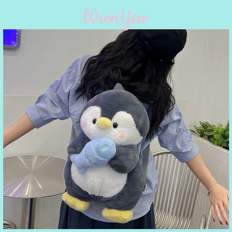 Cartoon Penguin Plush Backpack For Girls With Soft Faux Fur And Zip Closure