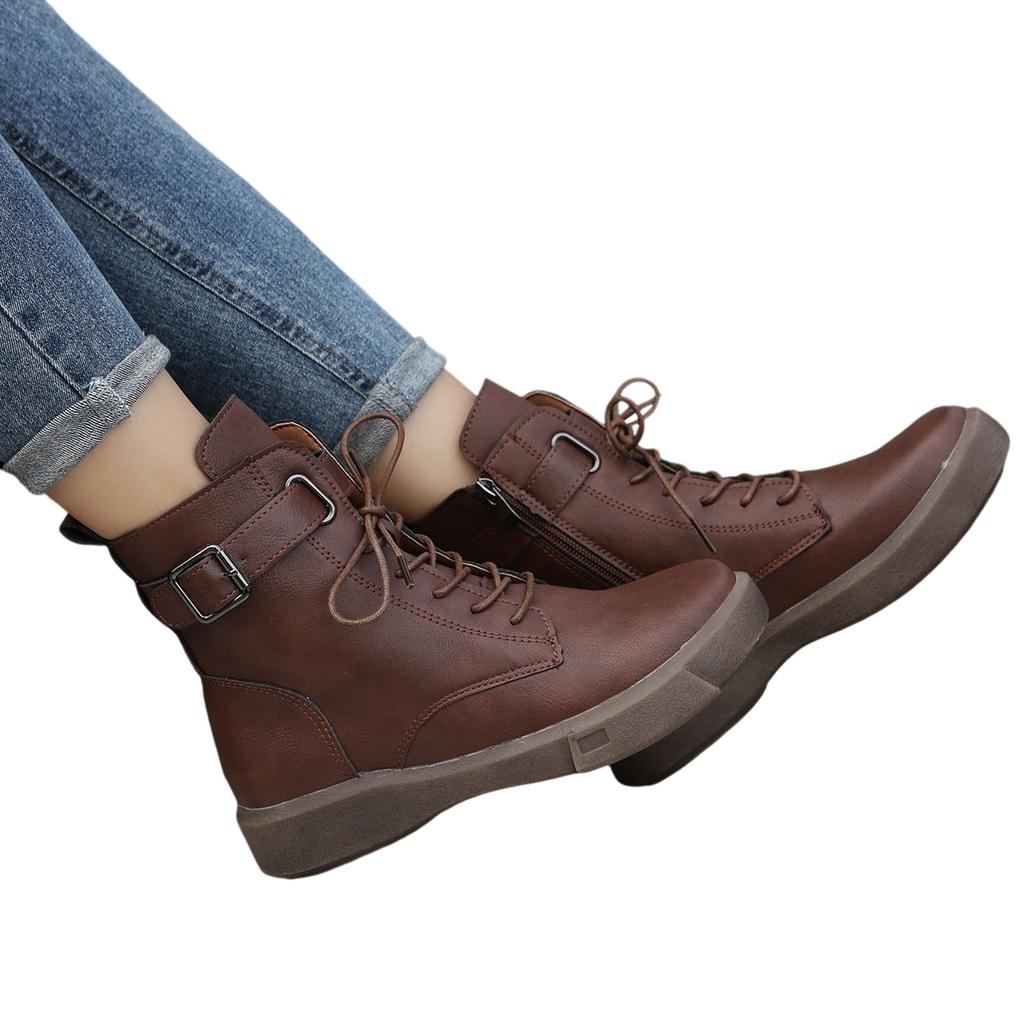 Stivali Britannici a Manica Corta Larghi per Donna con Cinturino Allacciato Stivali in Pelle Retro Larghi Stivali da Donna