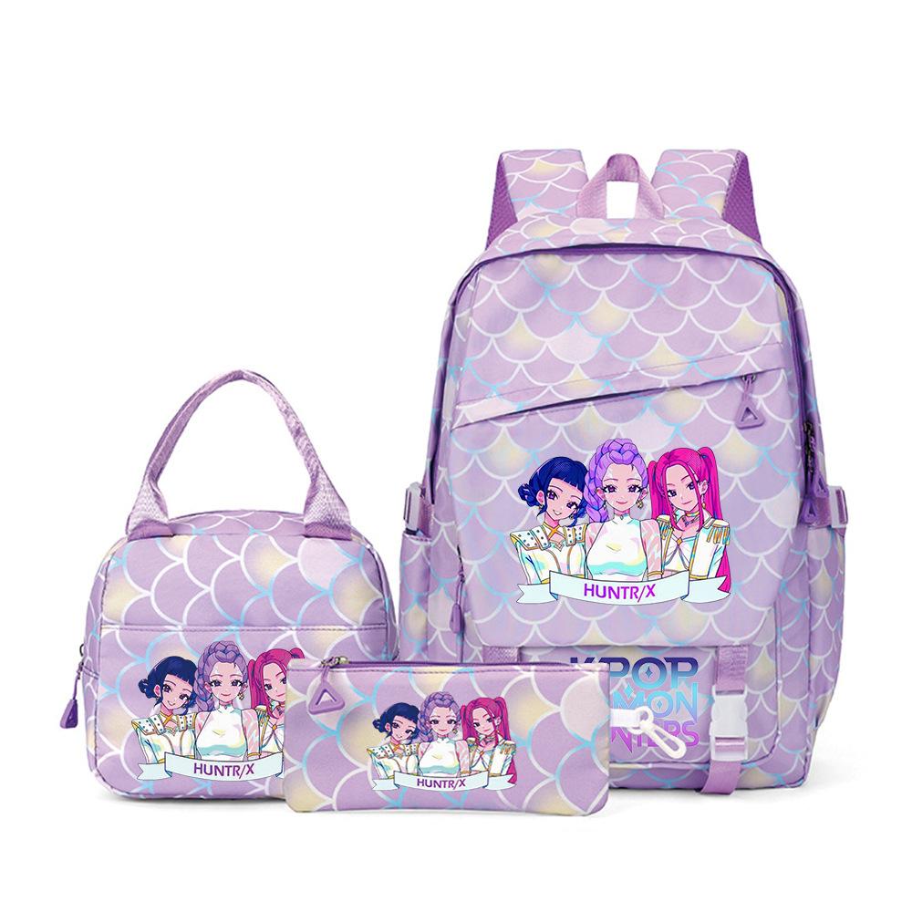 Demon Hunters Children S Backpack Cartoon Cute Elementary School Bag Lunch Bag Pencil Bag Backpack Three-Piece Set Three piece set