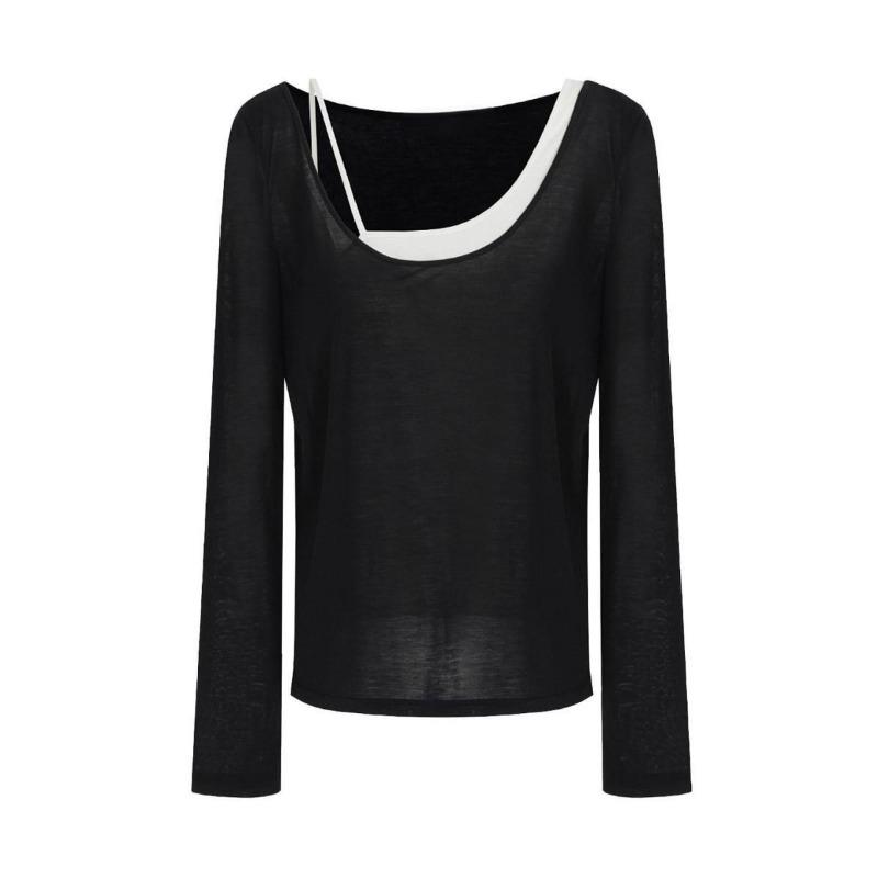 

Korean Version of True Two-piece Slim Fit Contrasting Color Long-sleeved Autumn New Bottoming T-shirt Versatile Tops for Women S чёрный