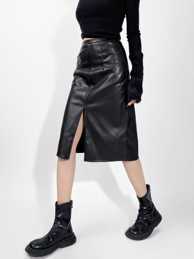 Slimming PU Leather High Slit Midi Skirt - Retro High Waist Hip-Hugging Style
