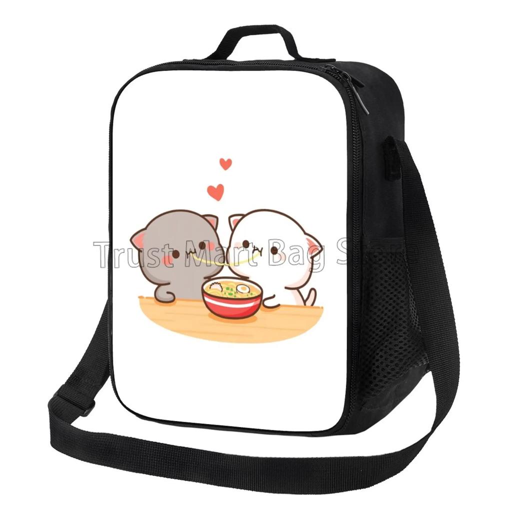 Cartoon Peach and Goma Mochi Cat Insulated Lunch Bag Resuable Leakproof Cooler Thermal Bento Bag with Adjustable Shoulder Strap