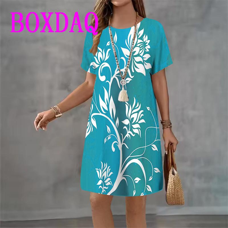 Vintage Floral Printed Women's Dress Short Sleeve O-Neck Loose Casual A-Line Dress Retro Women Summer Sundress