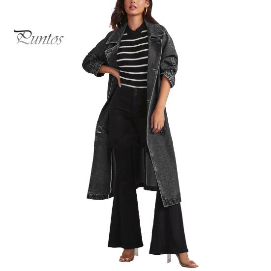 Denim Windbreaker Women Jacket Double-breasted with Side Pockets Lace-up Tie Waist Mid Spring And Autumn Length Solid Color Turn-down Collar Overcoat