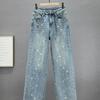 Women's High-Waisted Denim Jeans with Rhinestone Star Pendant - European Style, Summer Loose Fit, Slimming, Versatile Straight Leg.