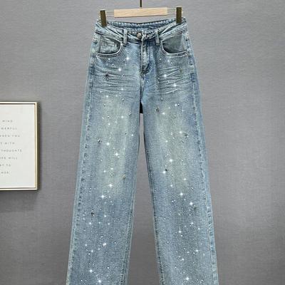 Women's High-Waisted Denim Jeans with Rhinestone Star Pendant - European Style, Summer Loose Fit, Slimming, Versatile Straight Leg.