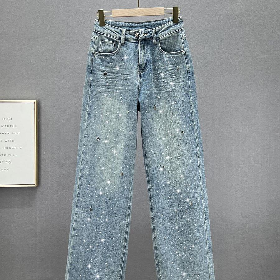 Women's High-Waisted Denim Jeans with Rhinestone Star Pendant - European Style, Summer Loose Fit, Slimming, Versatile Straight Leg.