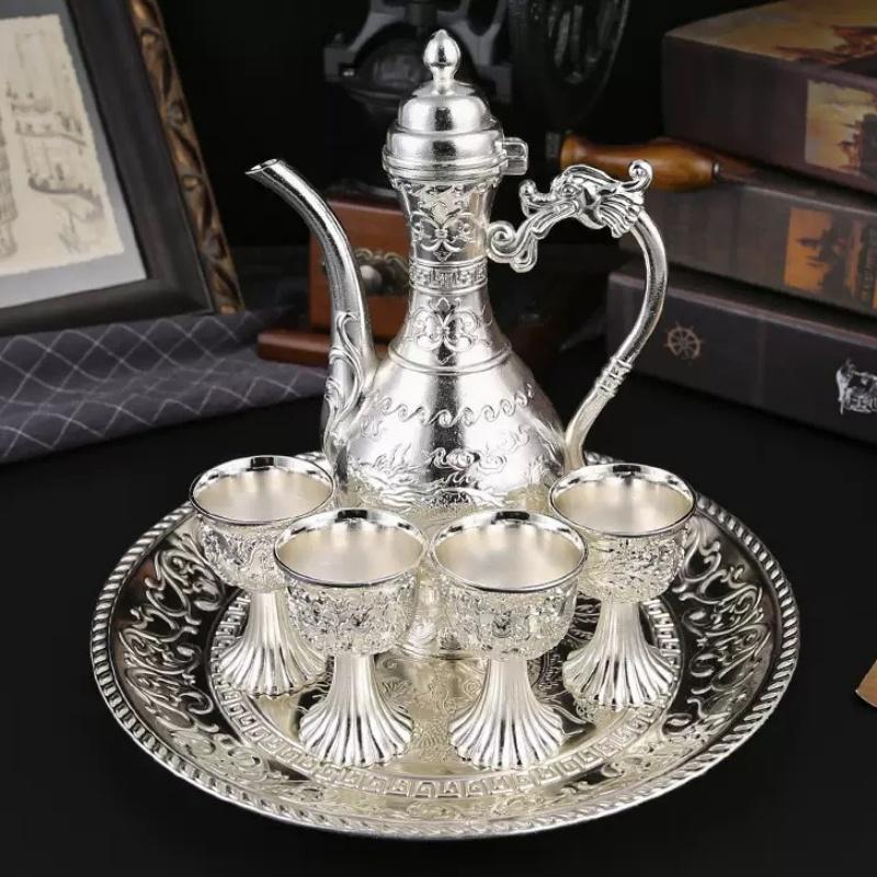 European Wine Set, Alloy Home Wine Pot Wine Glass Set, Golden Vintage Wine Glass, Wine Pot Home Living Room Decoration,24cm,1Set