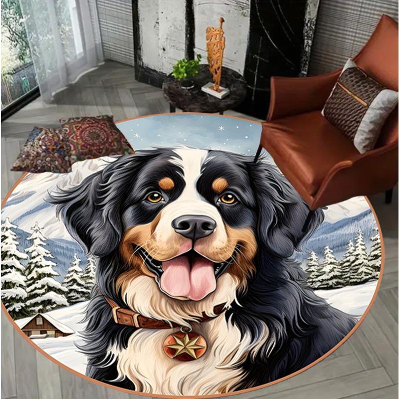 Cute Dog Circular Rug Animal Portrait Winter Snow Scene Pattern Home Decor Carpet Soft Non-Slip Round Floor Mat for Living Room