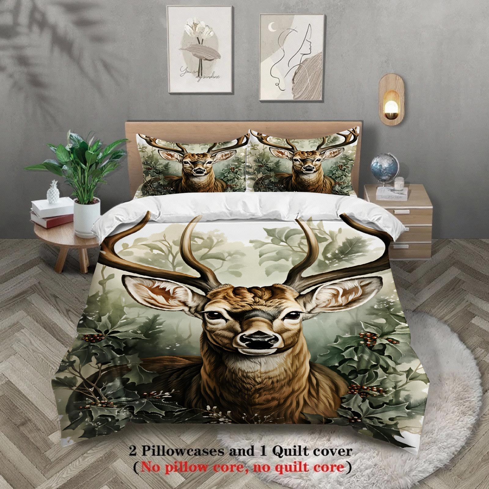 

Watercolor Vivid Deer And Plants Printed 3pcs Duvet Cover Rustic Animal Style 100% Polyester Bedding Sets Double/Queen Size US King(264x229cm)