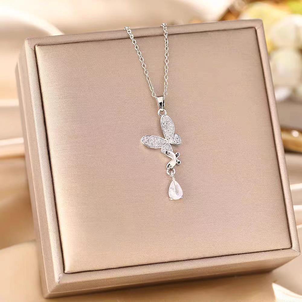 Lightweight Titanium Steel Butterfly Clavicle Necklace with Zirconia Tassel for Women