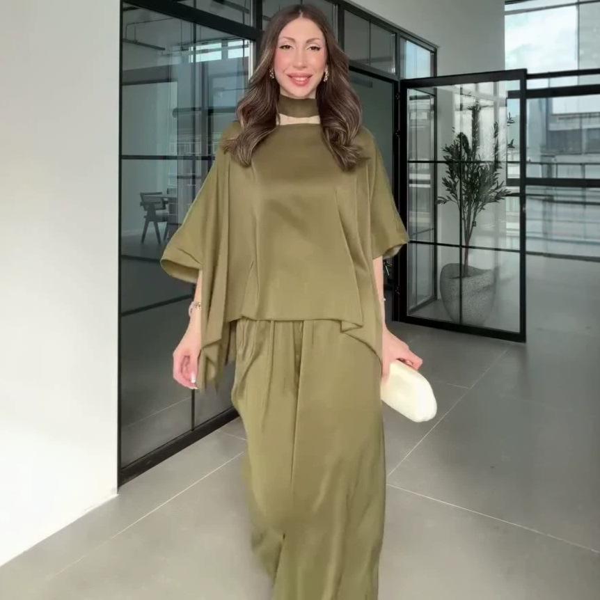 Cross-border Amazon foreign trade 2026 spring and autumn new European and American loose streamer long-sleeved top high-waisted wide-leg pants set