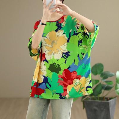 Short Sleeve Oversized  Vintage Floral Casual Loose T Shirt Tops Women Summer T-shirt