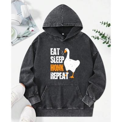 Eat Sleep Honk Repeat Duck Cartoon Print Women Washed Hoodie All-Match Cotton Clothes Trendy Autumn Hoody