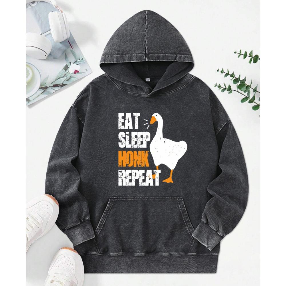 Eat Sleep Honk Repeat Duck Cartoon Print Women Washed Hoodie All-Match Cotton Clothes Trendy Autumn Hoody