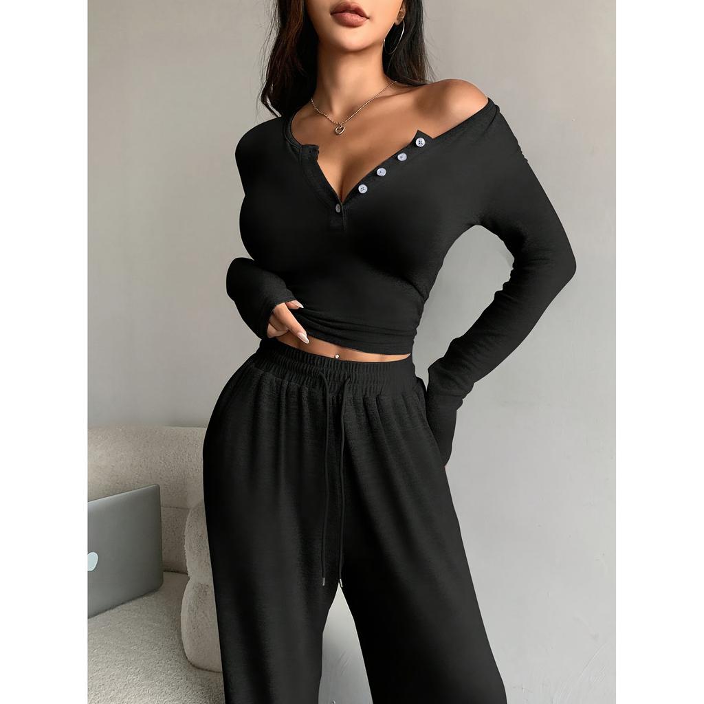 Women Two Piece Sets Sexy V-neck Long Sleeve Shirts Loose Elastic High Waist Wide Leg Pant Sets Spring Lady Tracksuits
