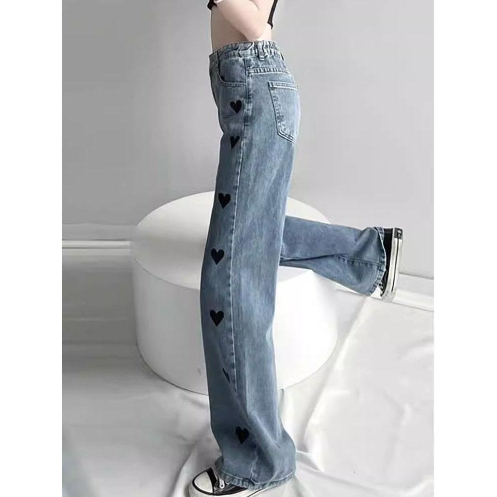 Džíny Ženy Jednoduché Ležérní Rovné Harajuku Heart Print Volné elegantní High Street kalhoty