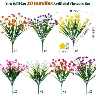 Lnoicy 20pcs Artificial Flowers for Outdoor,Plastic Flowers Decoration, UV Resistant Faux Flowers Shrubs, Artificial Plants for Indoor Outside Garden