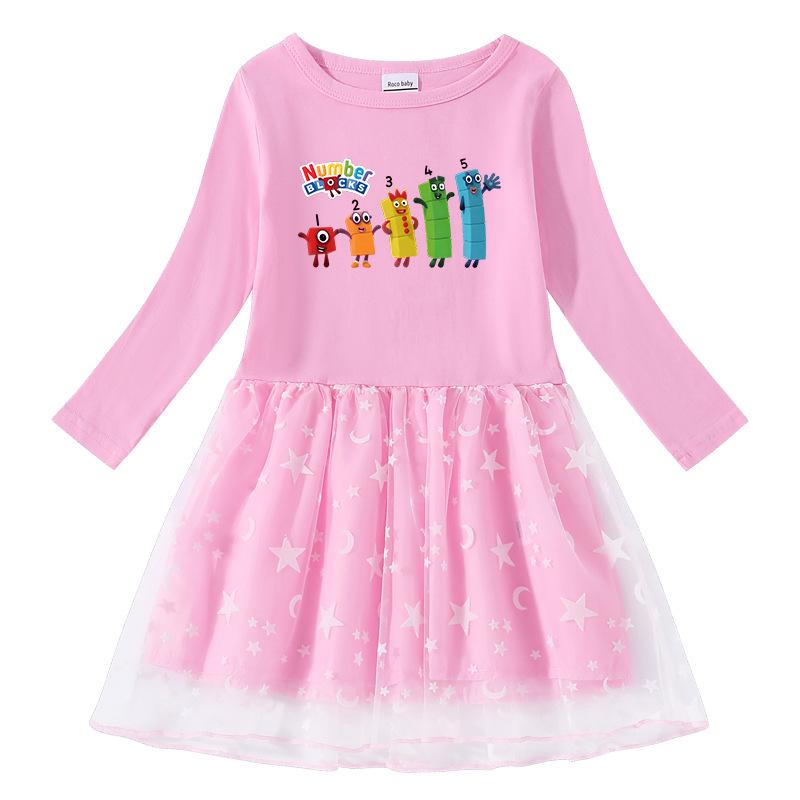 Kinderkleid im koreanischen Stil: Kurzarm Sommer oder Langarm Frühling/Herbst, Sterne Regenbogen Pailletten, Netz Falten Prinzessinnen Design.