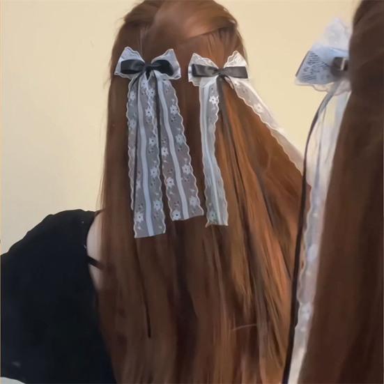 2Pcs Hairpin Embroidery Lace Pattern Ribbon Bow Hair Clip Color Matching Non-Damaging Rounded Hair Pin Hairstyle Accessory