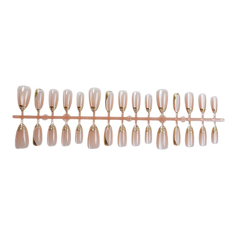 Set of 30 Almond-Shaped Cat-Eye Press-On Nails with Gilded Edges – High-End, Light Luxury Style, In Stock.