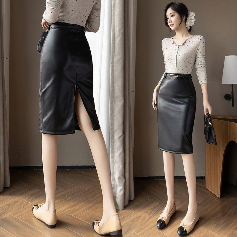 

Осенняя Новая Эластичная Кожаная Юбка Женская Обтягивающая Бедра Юбка-карандаш Тонкая Черная Юбка Миди Юбка для Стиля S чёрный