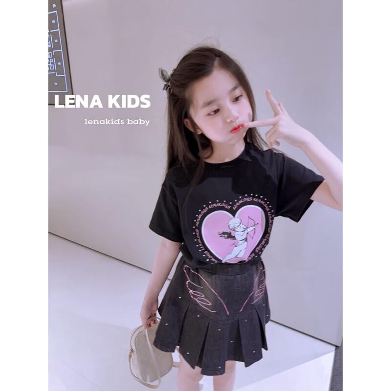 LENAKIDS Girls  Cupid Heart Short Sleeve T-shirt & Rhinestone Denim Set 100 (95-105cm)