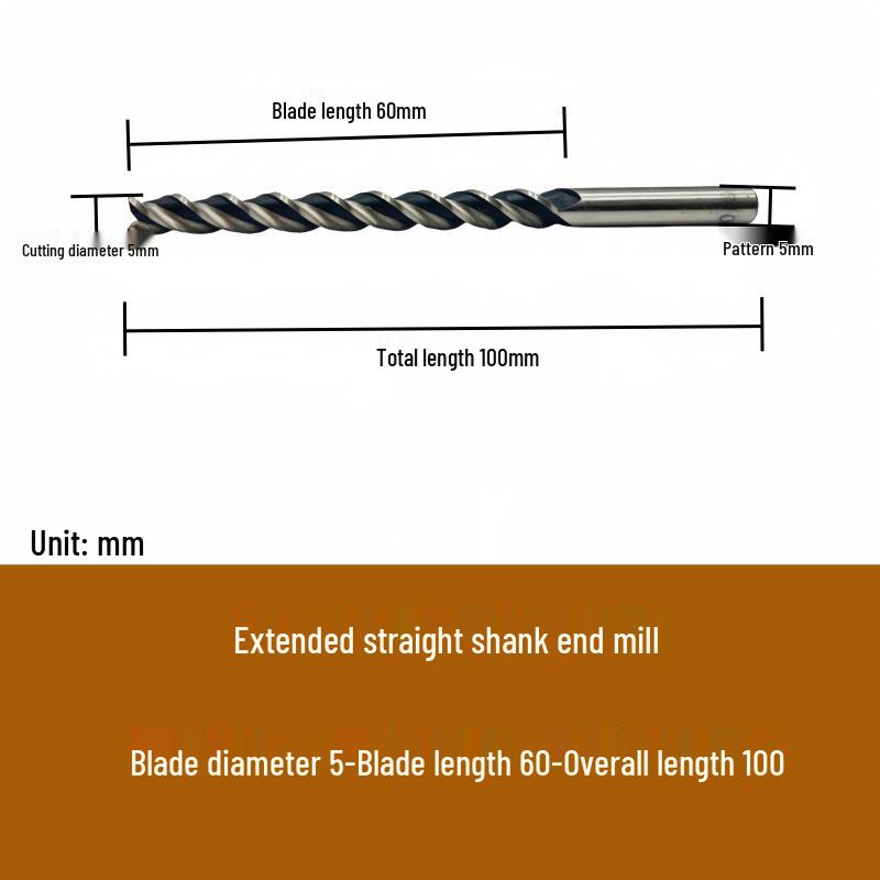 High-Speed Steel Extended Straight Shank Three-Flute End Mill, 2.5-10mm, White Steel