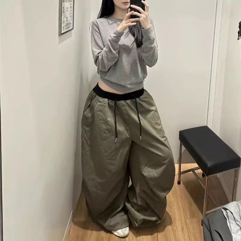 American Vintage Washed High Waist Wide Leg Loose Casual Cargo Pants For Women