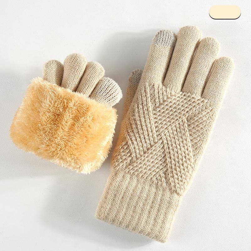 Knitted Gloves Men's and Women's Winter Double-layer Velvet Thickened Outdoor Cycling Warm Solid Color Touch Screen Gloves