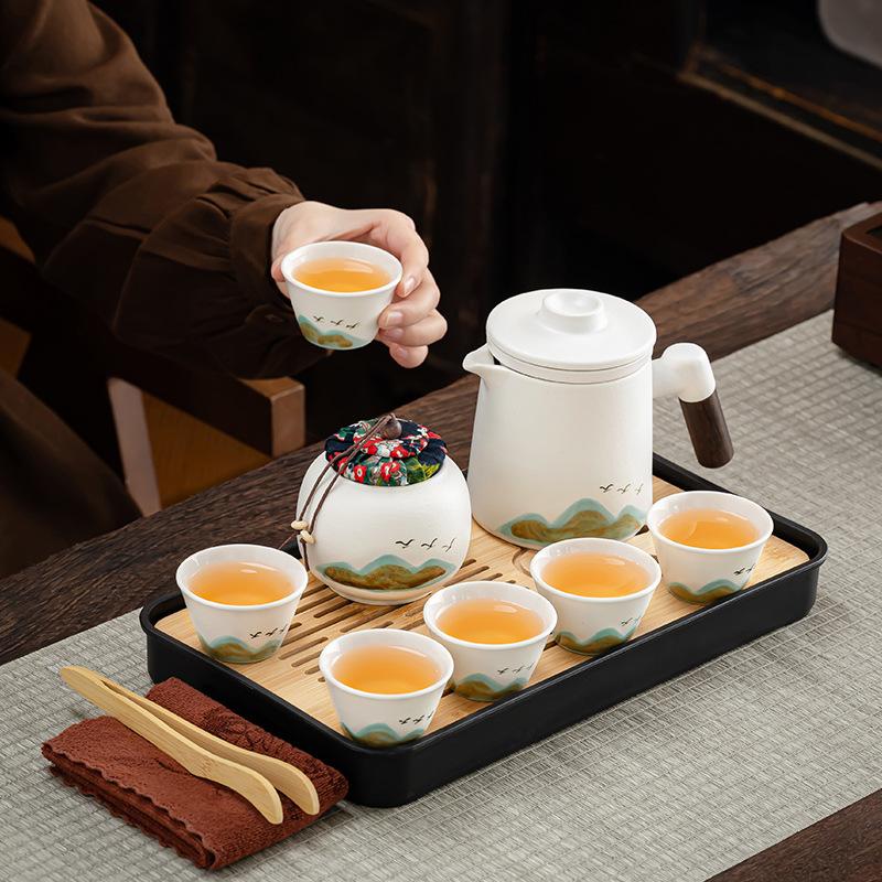 Light Luxury Retro Set Coarse Pottery Qingshan Flying Bird Office Kuaike Outdoor Travel Tea Set Portable Set Enterprise