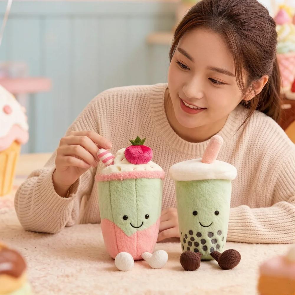 Matcha Bubble Boba Tea Pink Latte Plush Drink Stuffed Smiling Face Plushie Home Decoration Gift