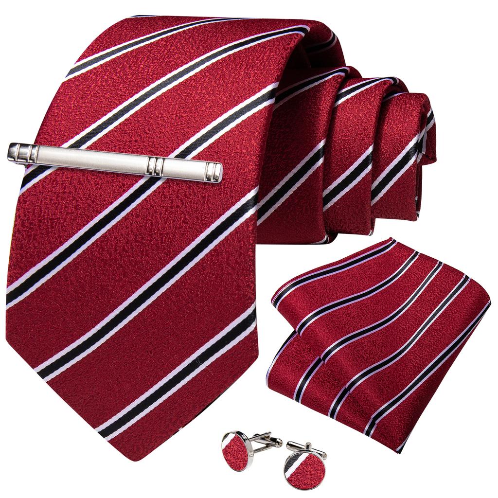 USA Mens Silk Tie Classic Yellow Gray Striped Necktie Cufflink Hanky Clips Set