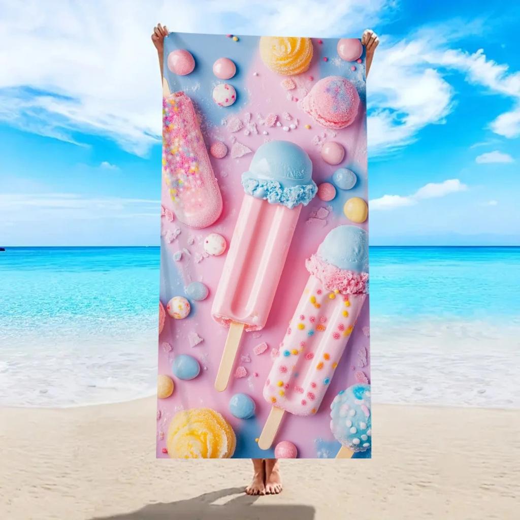 Süßes Eis Strandtuch Lustiger Eis am Stiel Druck Badetuch Sommer Erdbeer-Dessert Grafik Badetuch Kawaii Poolhandtuch