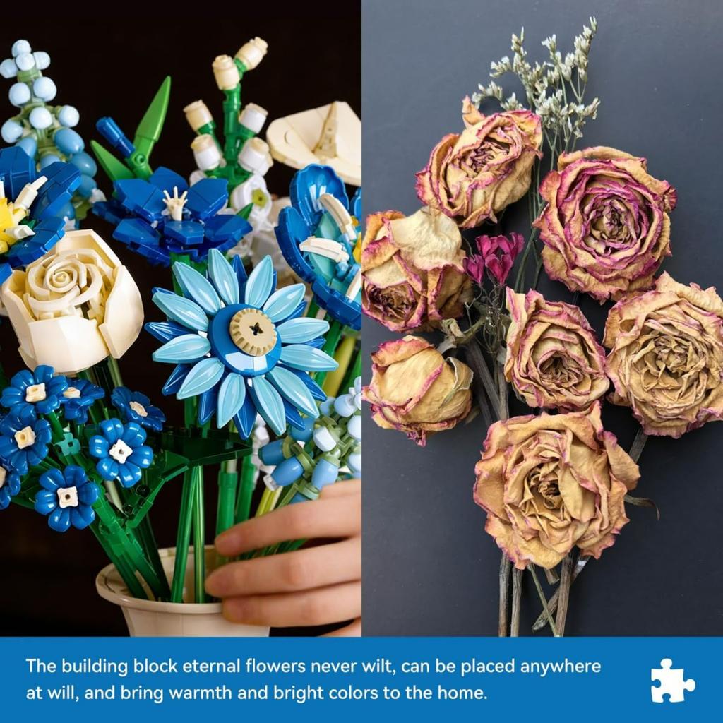 Blue Tulip Micro-Particle Flower Bouquet Building Set for Adults, 766 Pcs DIY Floral Kit for Home Office Decor, Perfect Mother's Day, Valentine's