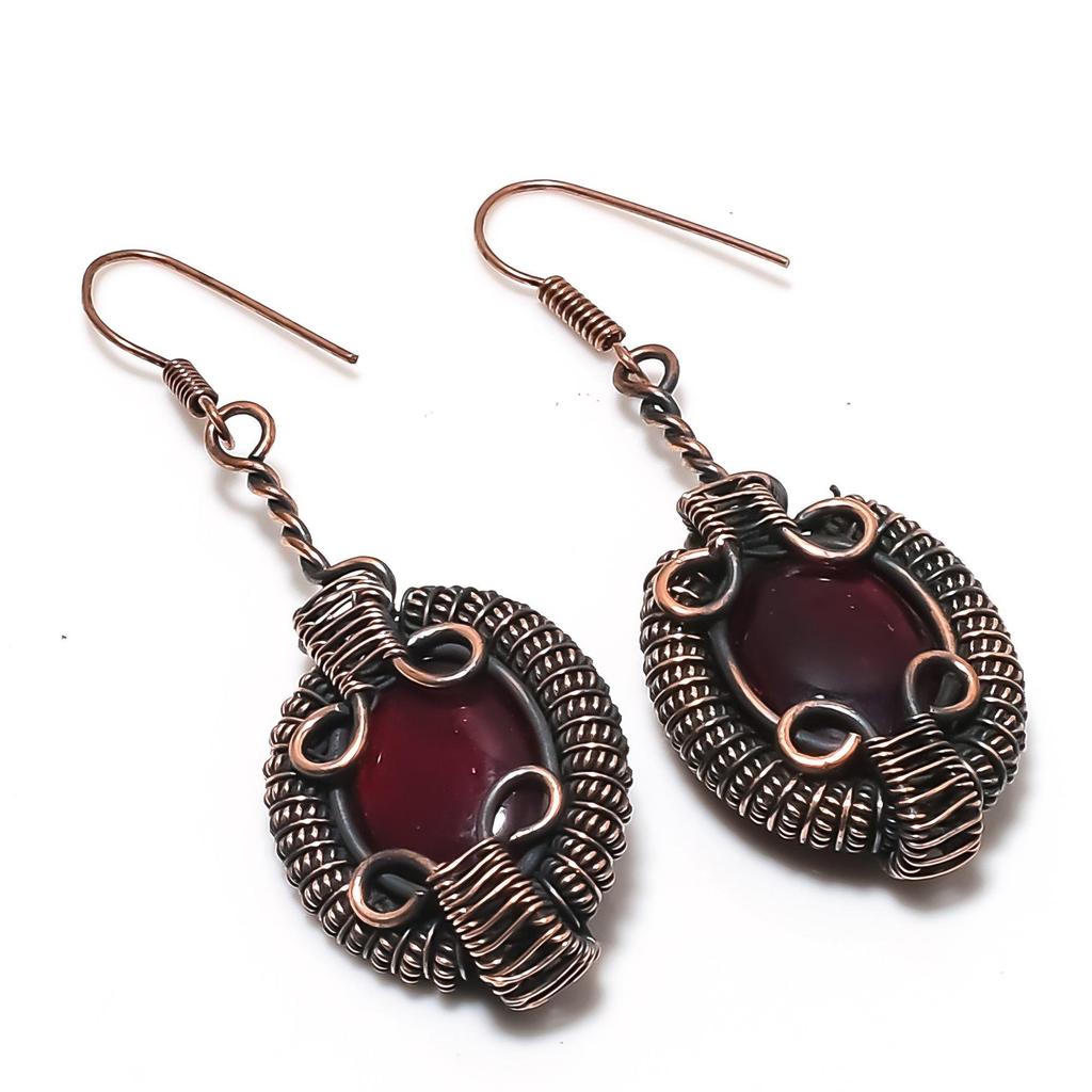 Red Flash Labradorite 999 Copper Wire Wrapped  Earrings, Handmade Gemstone Earrings Jewelry, Gifts For Wife Brand New Earrings