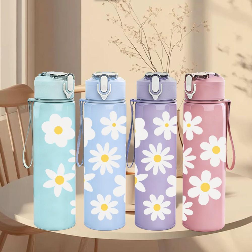 1PC White Daisy Flower Simple Floral Pattern 750ml Color Plastic Sports Water Bottle Leakproof Flip Straw Lid Suitable for Sports Office Home Use