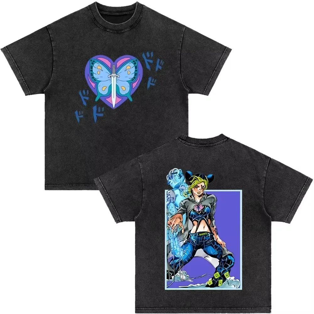 Japonské anime Jojo Bizarre Adventure Vintage prané tričko Killer Queen grafická trička Pánské Dámské Cosplay Nadměrné tričko