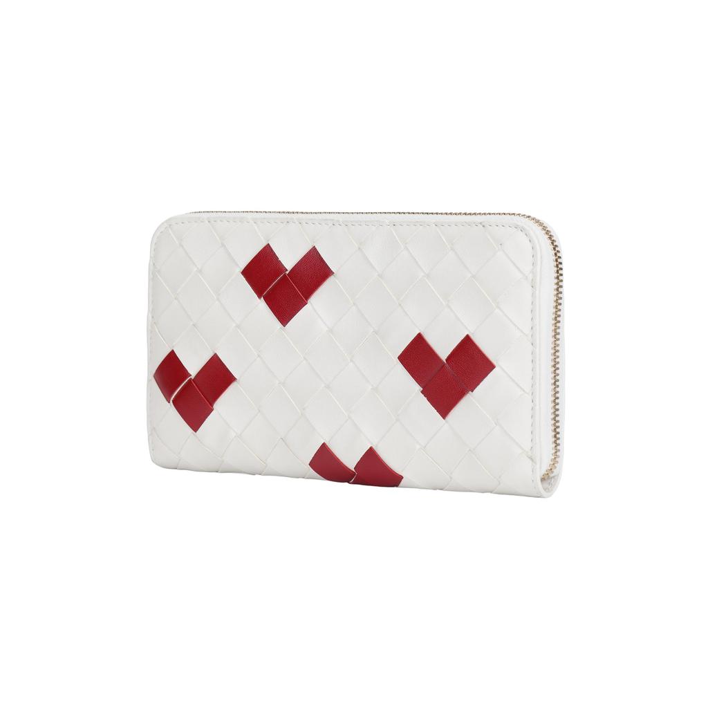 Bottega Veneta Intrecciato Woven Heart Design Zipper Around Leather Wallet Women Wallet Chalk-White Deep-Red 814674V57O39140