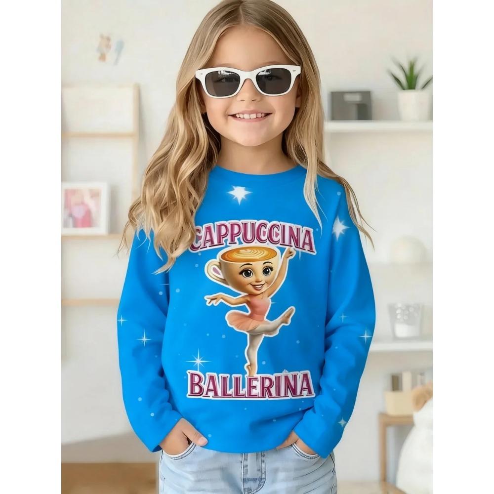 Spring and Autumn Round Neck 3D Cappuccina Ballerina Printed Top Fashionable Casual Long Sleeved Children's Girl T-shirts