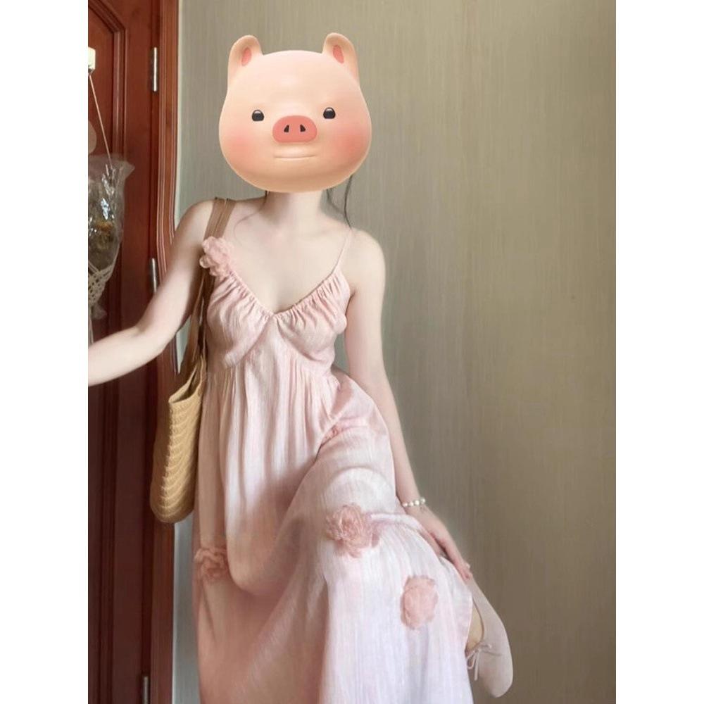 

Розовое платье-майка с 3D-цветами - Летнее пляжное платье во французском стиле S-(up to 45kg)