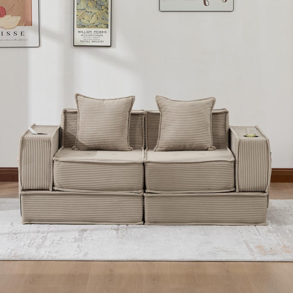 Sofá Cama Duplo com Sofá de Dois Lugares em Tecido e Duas Almofadas. Banquinho Decorativo com Armazenamento Lateral e Porta-Copos.
