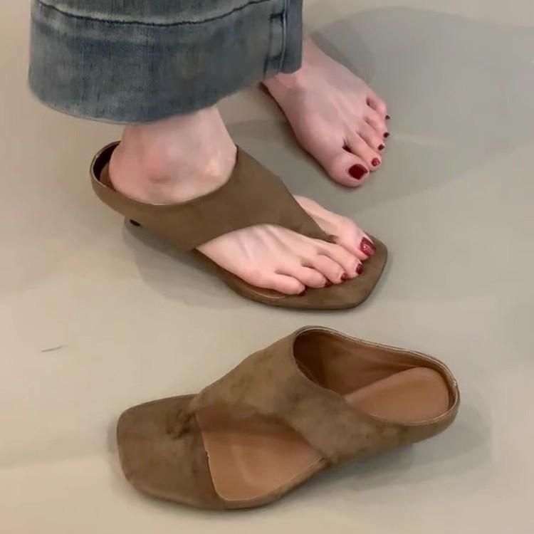 Sheepskin version~ outer wear retro high heels women's head open-toed sandals simple temperament thin heel flip-flops shoes